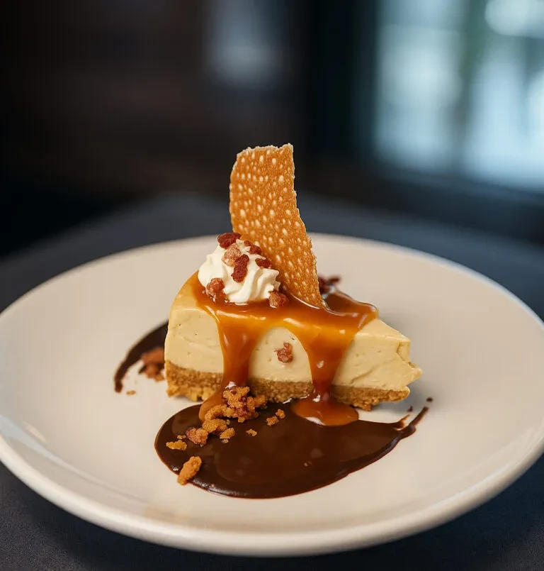 Plated cheesecake slice with caramel, whipped cream, savory crumbles, wafer.