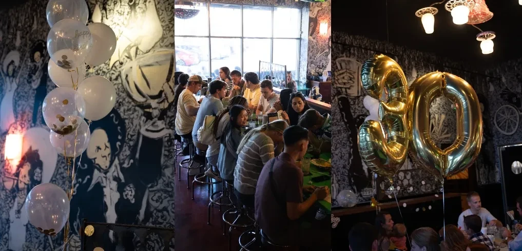 Triptych: dark, artistic restaurant with birthday balloons and patrons.