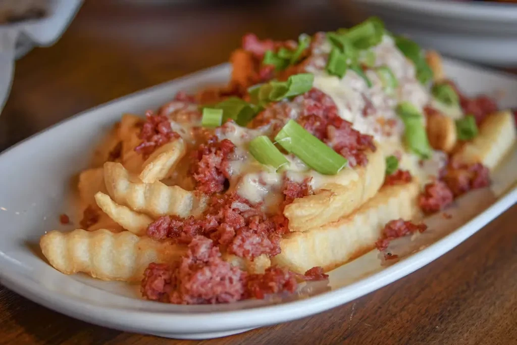 Crinkle-cut fries loaded with melted cheese, ground meat, and green onions.