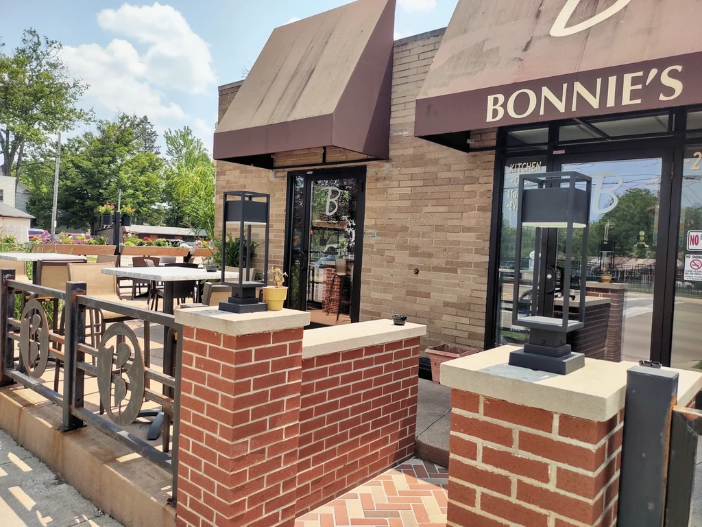 Bonnie's restaurant exterior, sunny day, featuring an outdoor dining patio.