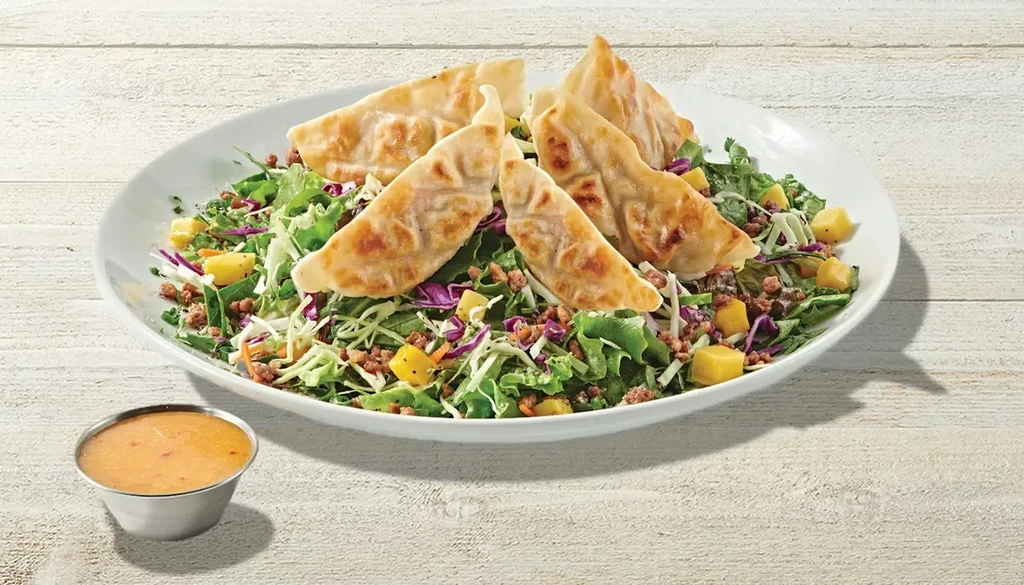 Bowl of fresh salad topped with five pan-fried dumplings and sauce.