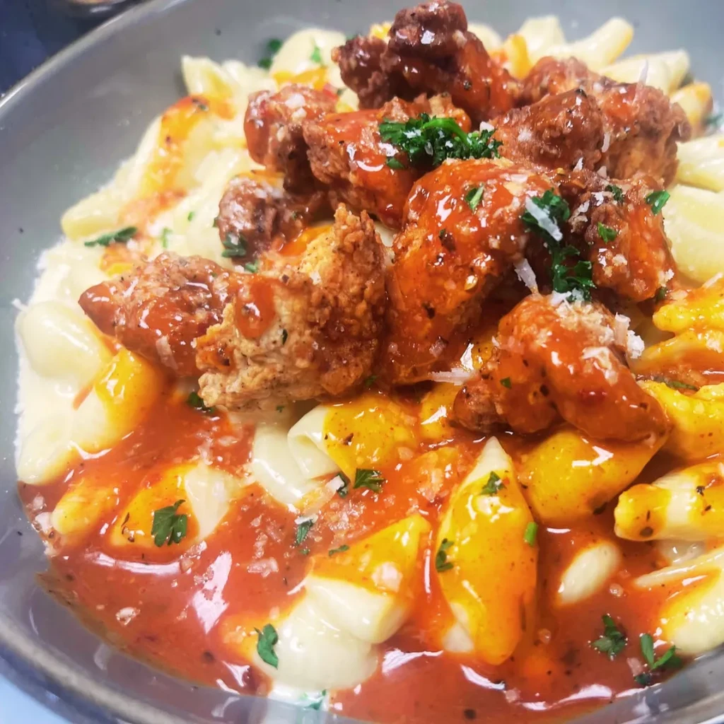 Close-up of gnocchi with crispy buffalo chicken, cheese sauce, and herbs.