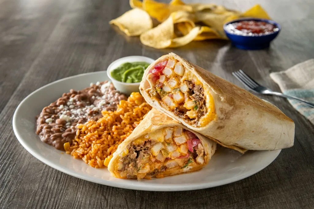 Well-plated burrito, refried beans, Spanish rice, green sauce, and chips.