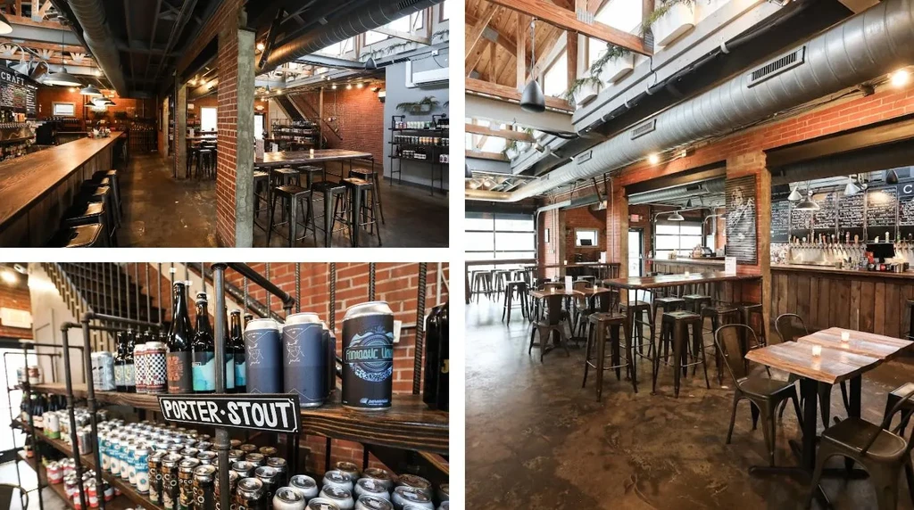 Four photos of a modern industrial brewery interior with craft beers.