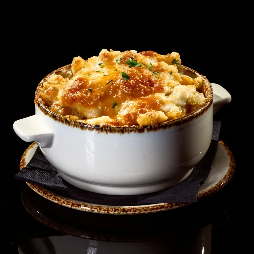Golden, bubbly baked mac and cheese with herbs in a white bowl.