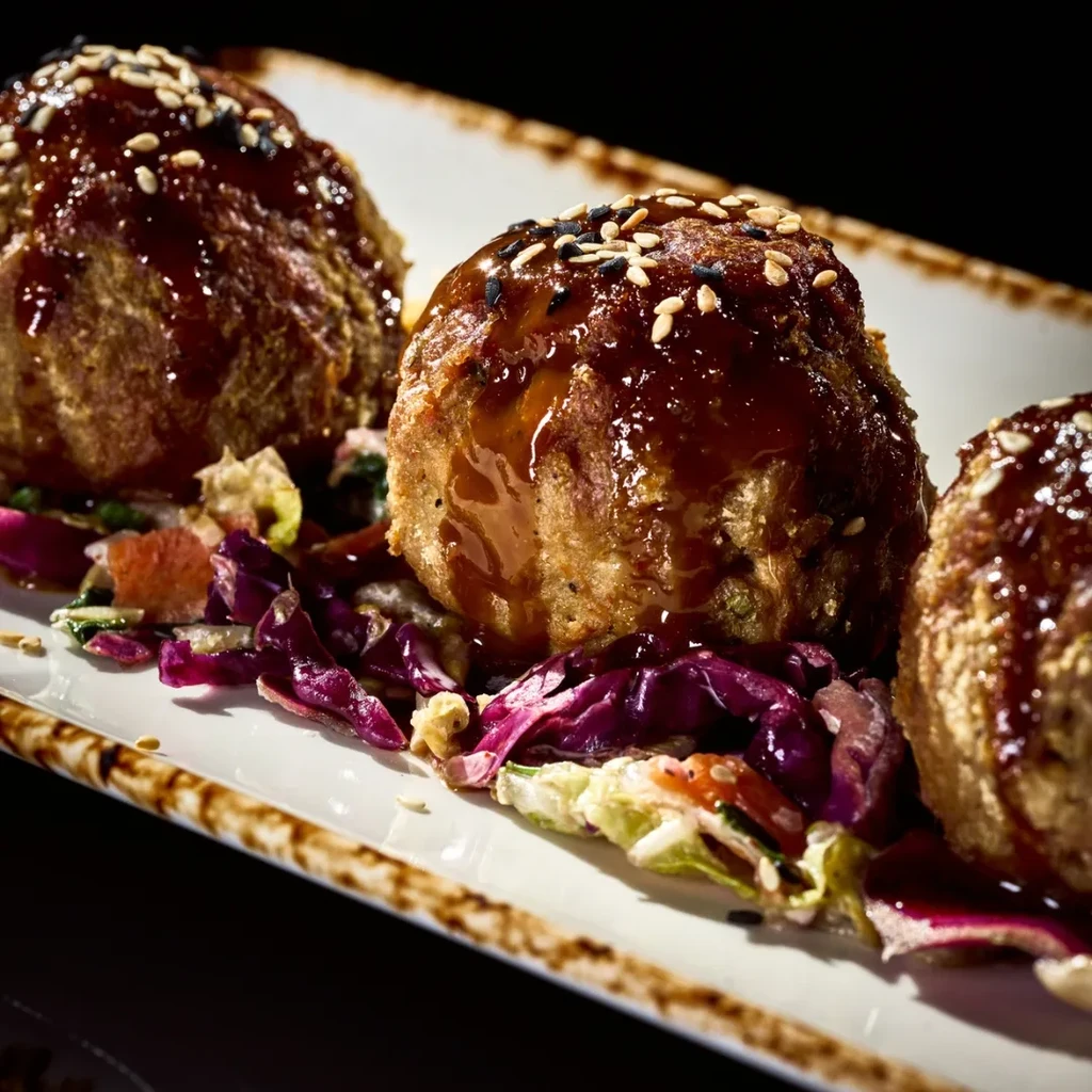 Three glazed savory fritters with sesame seeds and vegetables.