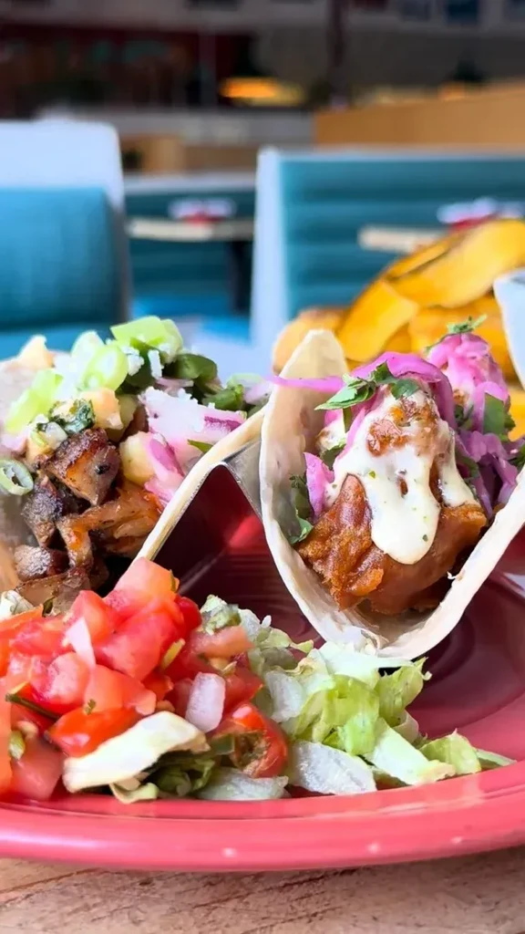 Grilled meat and fried fish tacos with side salad.