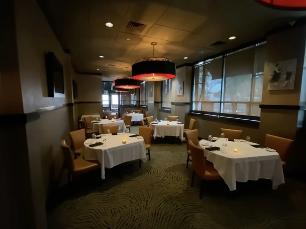 Restaurant dining room: candlelit tables, modern chandeliers with a warm red glow.