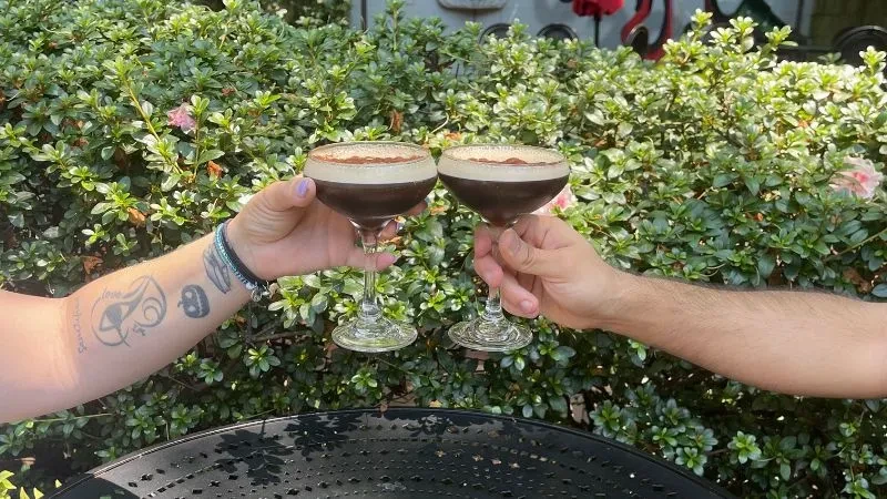 Two hands toasting frothy dark cocktails against a garden background.