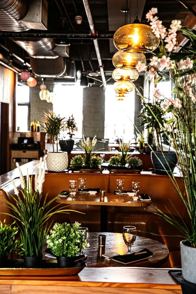 Empty modern restaurant interior with industrial decor and potted plants.