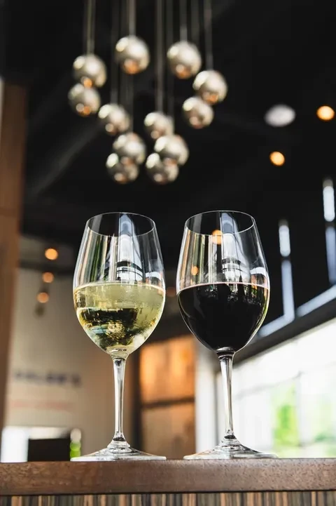 Two stemmed glasses with red and white wine on a counter.