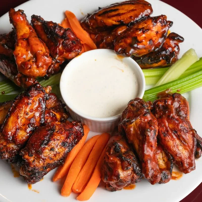 Glistening chicken wings with dipping sauce, celery, and carrot sticks on a plate.
