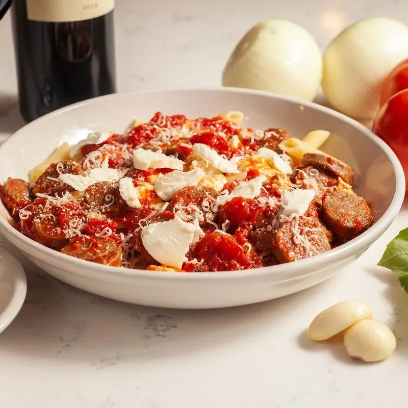 White bowl of penne pasta with tomato sauce, sausage, mozzarella, Parmesan.