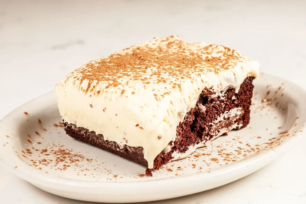 Rectangular chocolate cake slice with white frosting, dusted with cocoa.