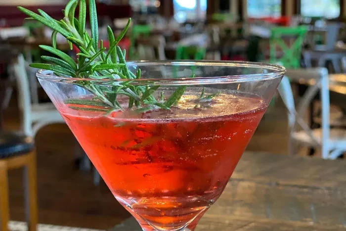 Reddish-pink cocktail in martini glass, garnished with rosemary sprig.