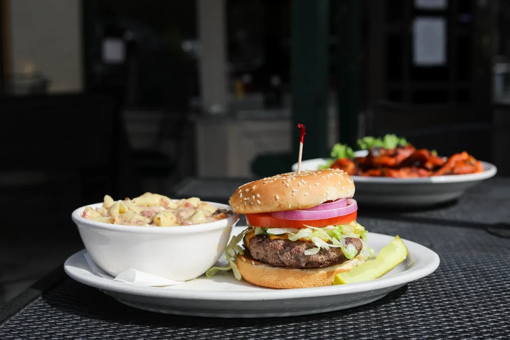 Close-up of a hamburger, pasta salad, and pickle spear on an outdoor table.