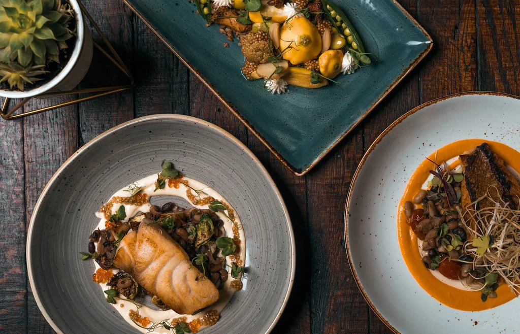 Top-down view of three plated dishes: vegetables, fish, and meat.