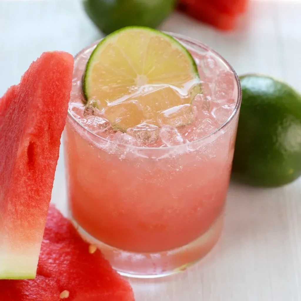 Close-up of pink drink, crushed ice, lime slice, and watermelon.