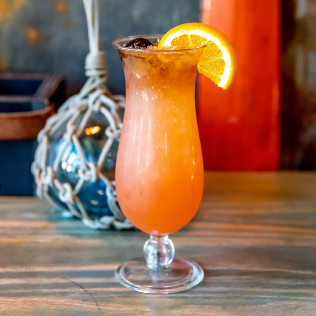 Gradient cocktail with crushed ice in a hurricane glass, orange wedge garnish.