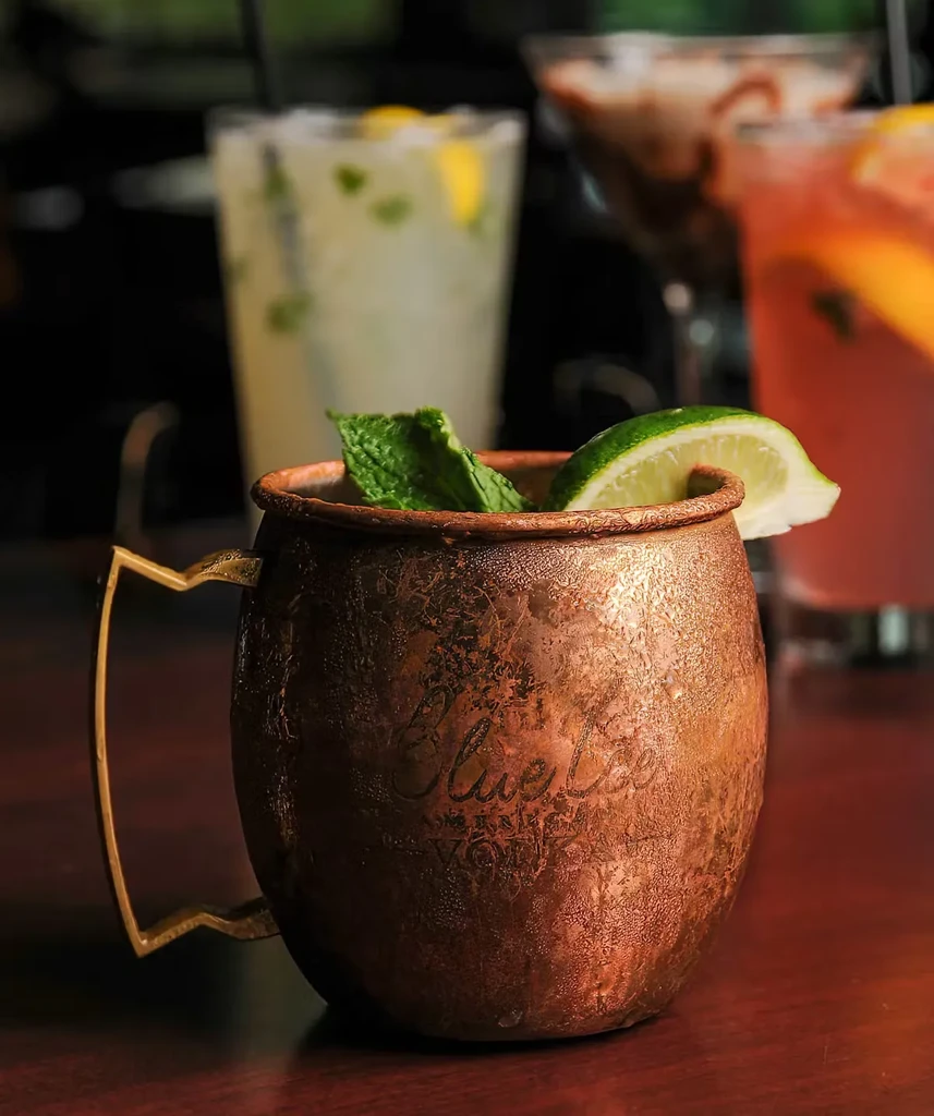 Moscow Mule in engraved copper mug with mint, other drinks blurred.