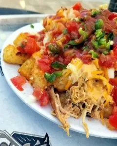 White plate of totchos with meat, cheese, tomatoes, peppers, and sauce.