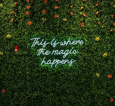Green wall with flowers and "This is where the magic happens" neon sign.