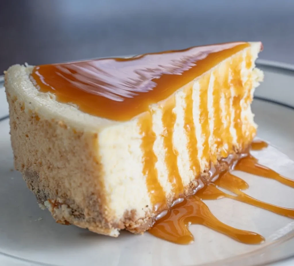Cheesecake slice with caramel drizzle, creamy filling, and graham cracker crust.