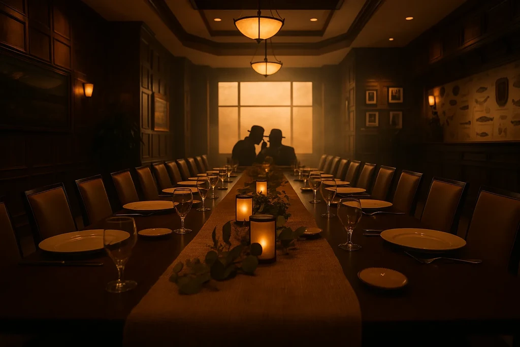 Elegantly set table in dark, warm private room with two figures.