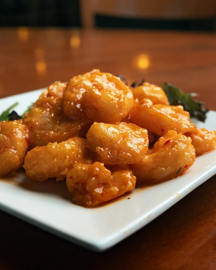 Plate of fried shrimp piled high with glossy orange-red sauce.