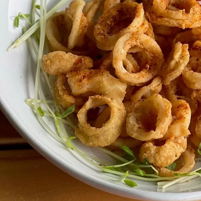 Golden-brown fried rings, possibly calamari, with seasoning and sprouts.