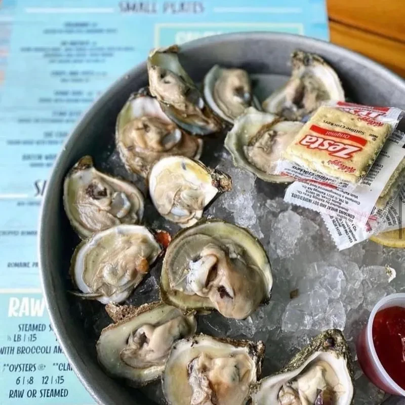 Shucked raw oysters on ice with crackers, lemon slice, and cocktail sauce.