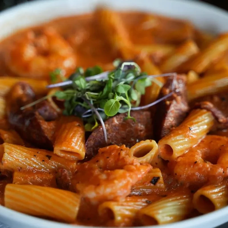 Close-up of rigatoni with shrimp, sausage, creamy sauce, and microgreens.