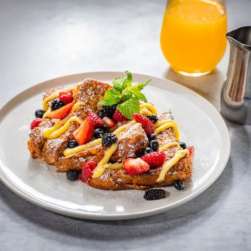 Golden-brown bread with powdered sugar, fresh berries, creamy drizzle, and mint.