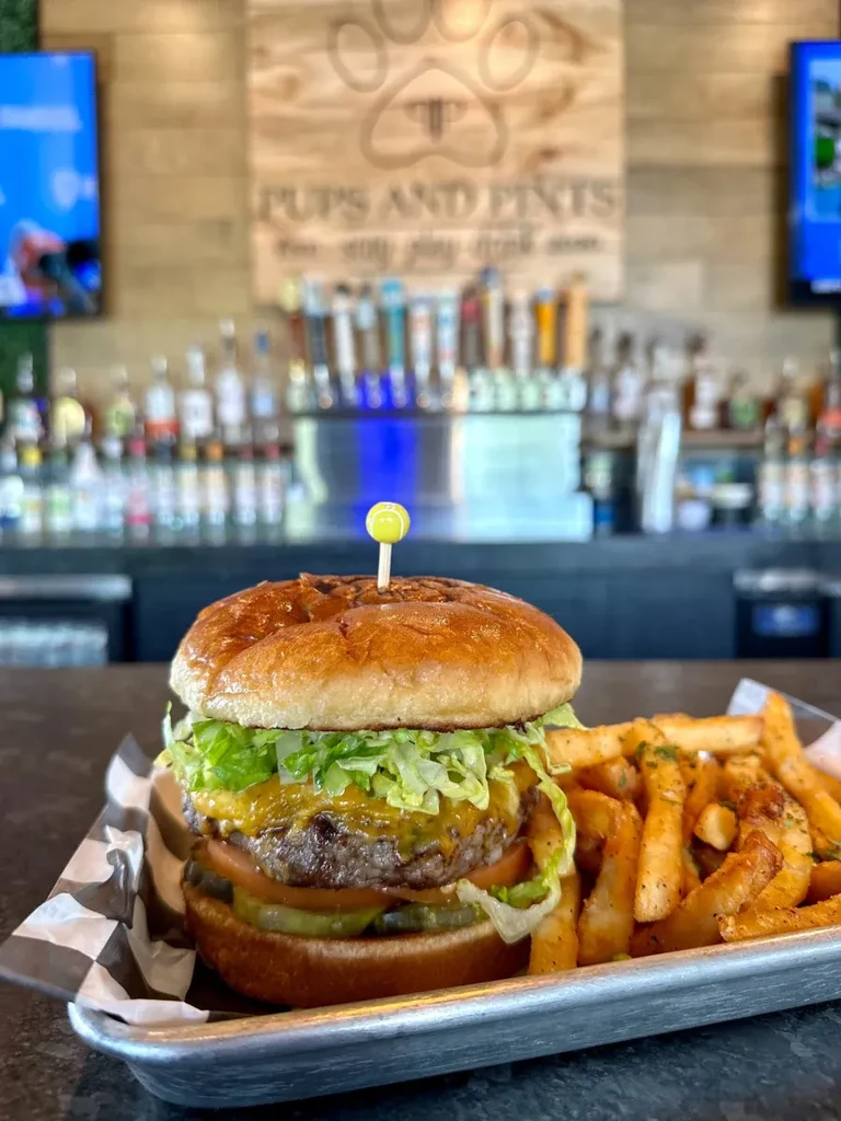 Gourmet cheeseburger and seasoned fries on a tray in a pub.