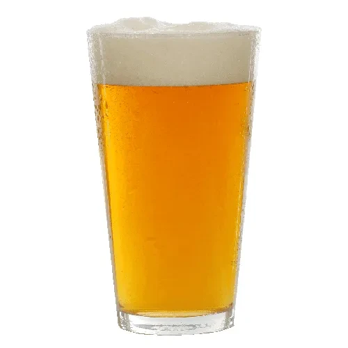 Pint glass of golden-orange beer with frothy head and condensation.
