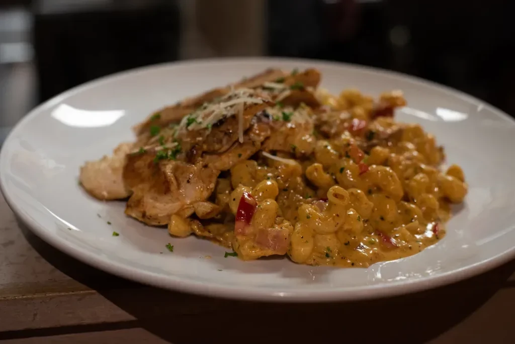 Golden grilled chicken atop creamy mac and cheese with herbs.
