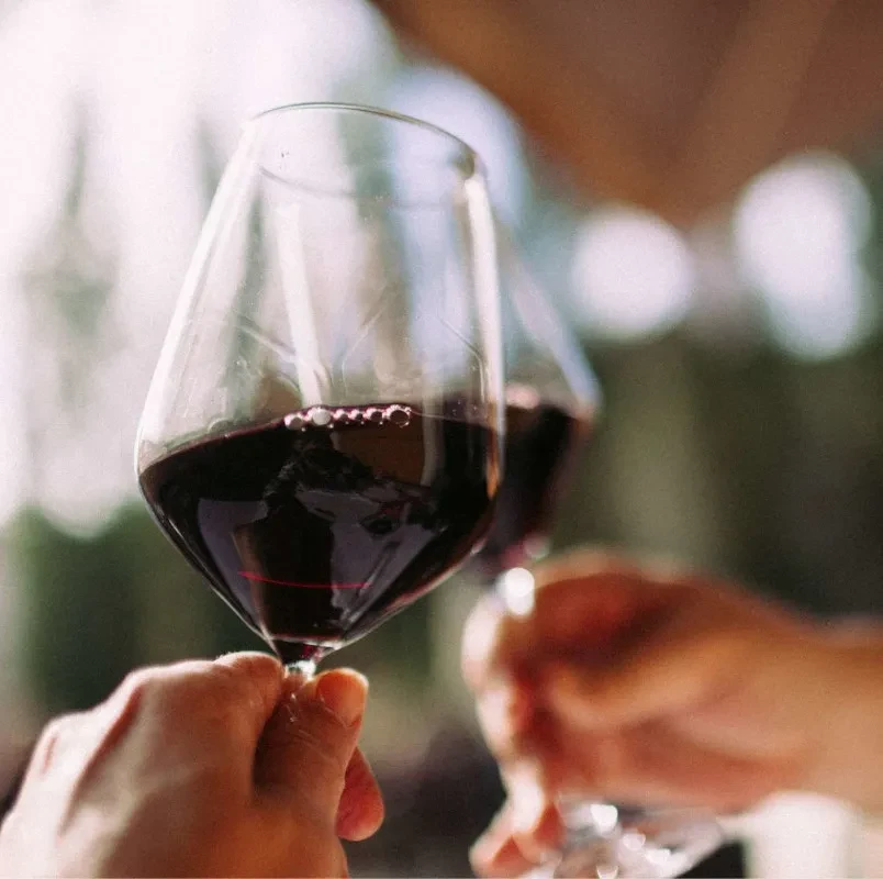 Two hands toast red wine glasses, soft blurred background.