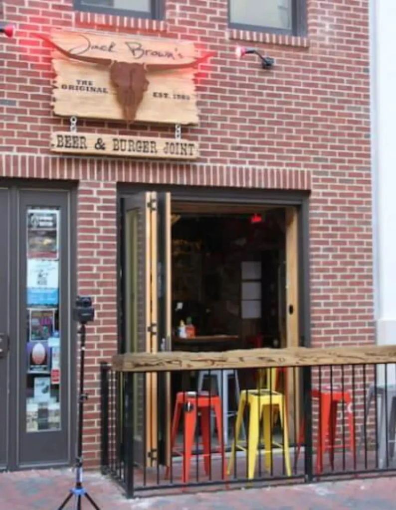Jack Brown's Beer & Burger Joint exterior, prominent sign with bull skull.