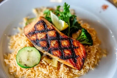 Plated grilled salmon, brown rice, zucchini, broccoli, parsley, and lime.