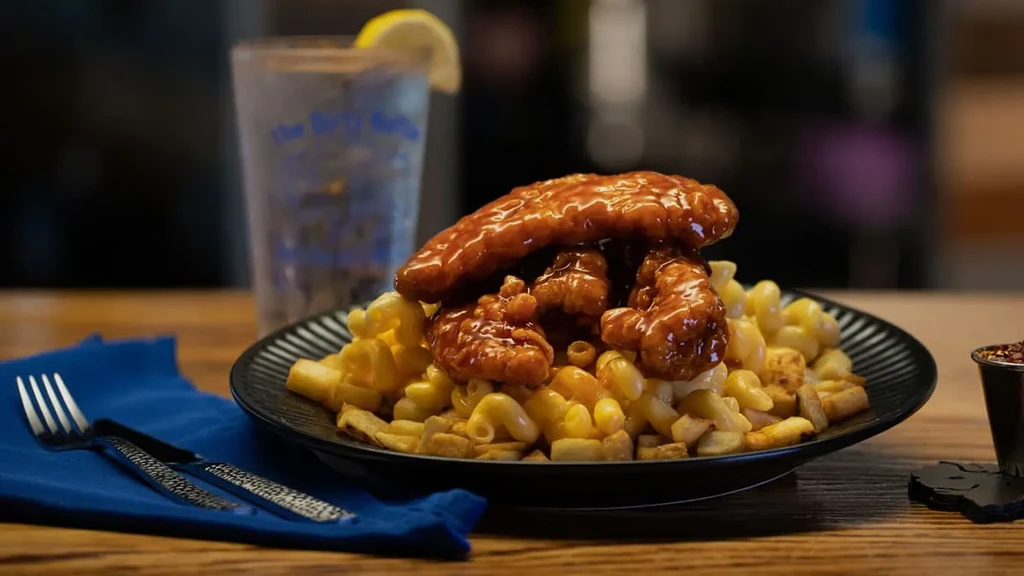 Close-up of macaroni and cheese, fries, and sauced chicken on a dark plate.
