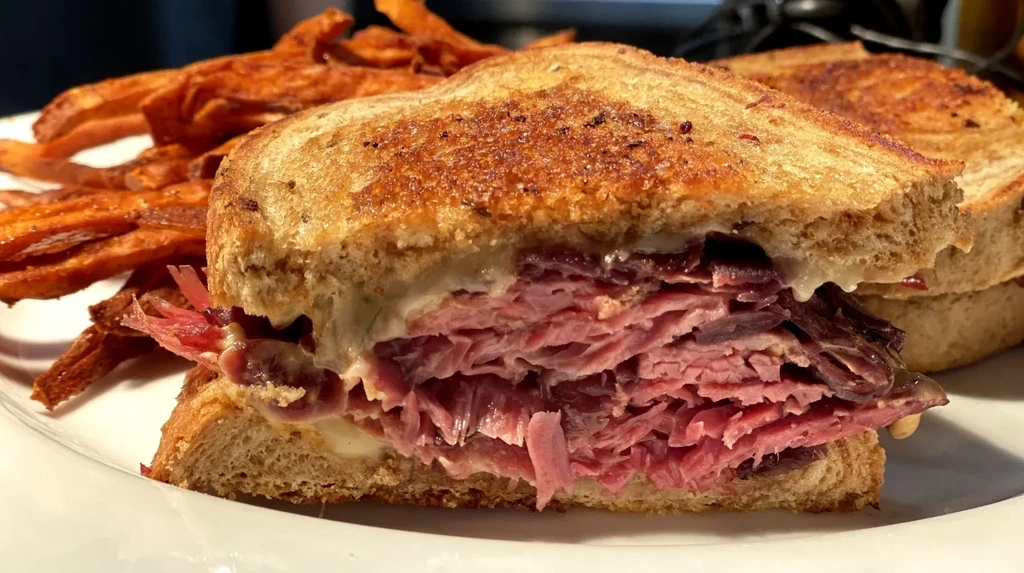 Grilled sandwich with meat, melted cheese, and crispy fries.