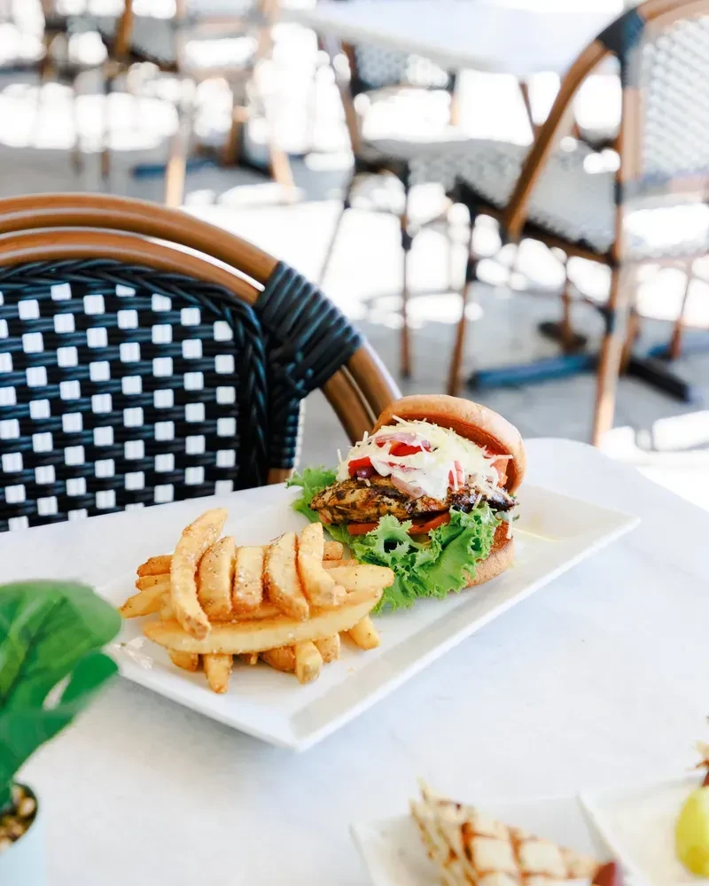 Gourmet burger and thick-cut seasoned fries on a white plate.