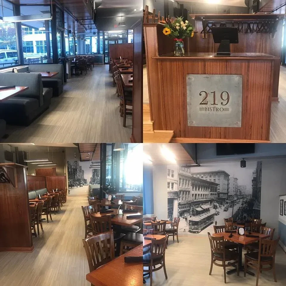 Collage of 219 BISTRO restaurant interior: dining areas, host stand, mural.