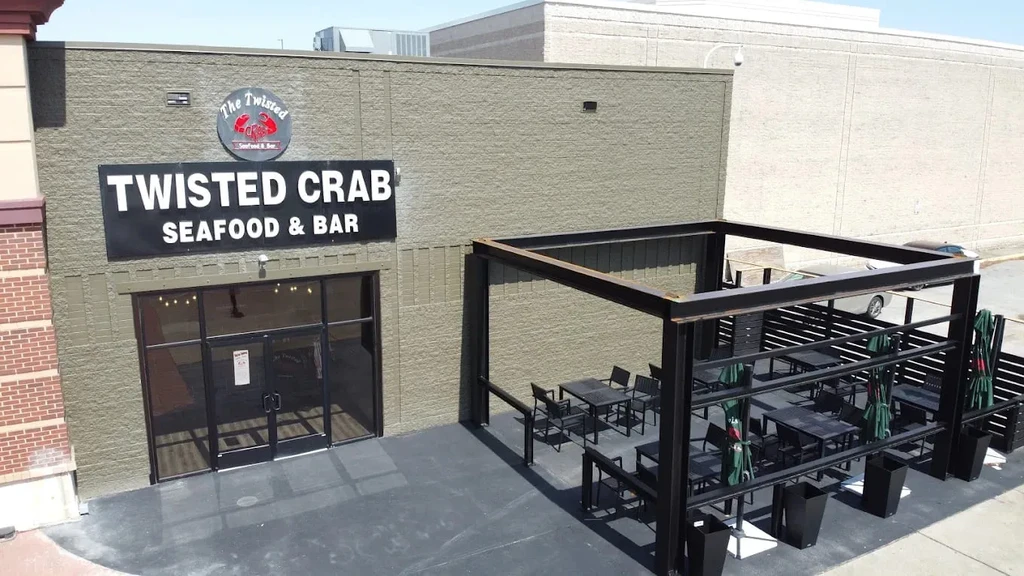 Twisted Crab Seafood & Bar exterior and empty outdoor patio.