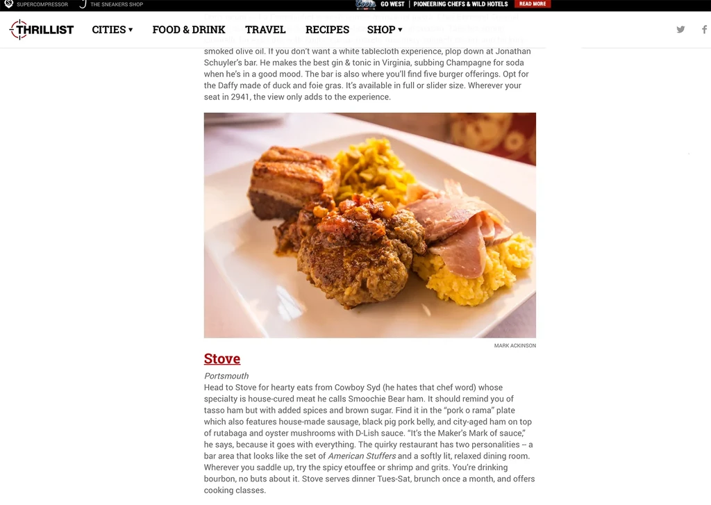 Plate of pork belly, fried cutlet with salsa, and grits with ham.