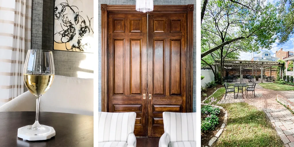 Three photos of a restaurant venue: wine, doors, patio.