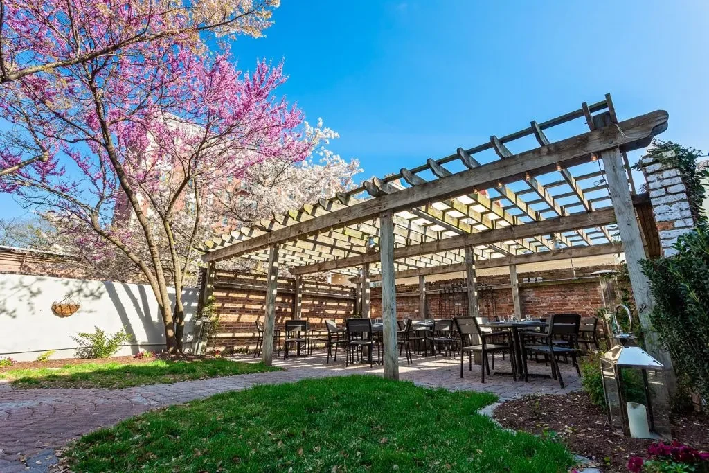 Outdoor dining patio with a rustic pergola and pink spring blossoms.