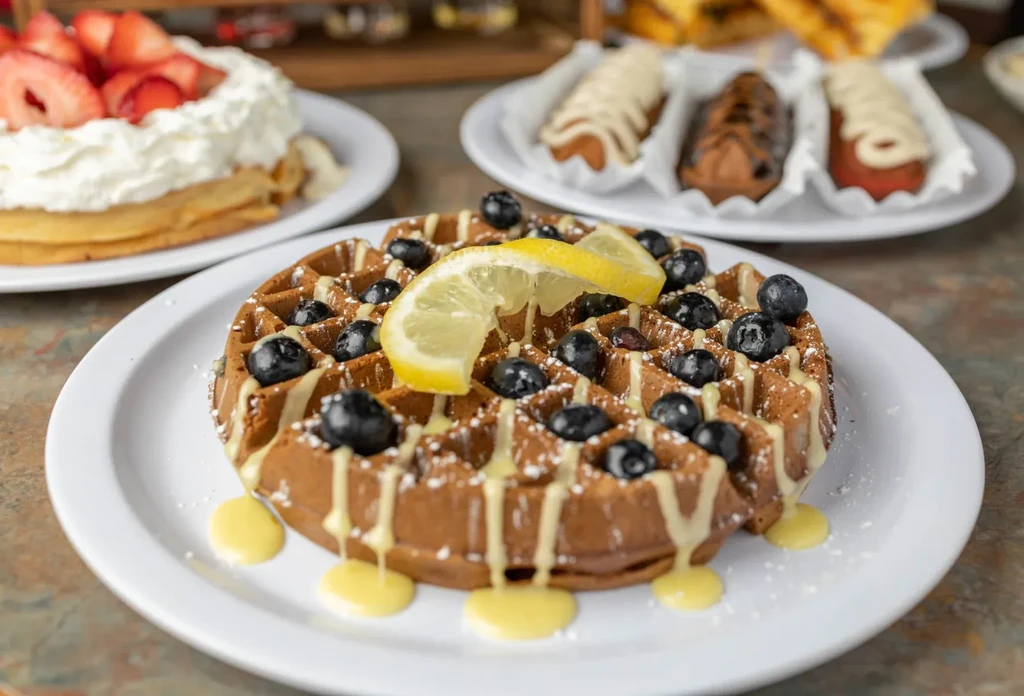 Waffle with blueberries, powdered sugar, lemon, and white drizzle.