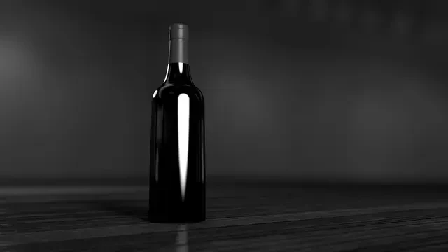 Sleek dark bottle on a reflective surface in monochrome.