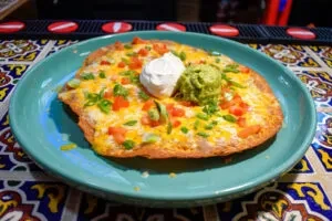 Melted cheese tortilla dish with tomatoes, onions, sour cream, and guacamole.